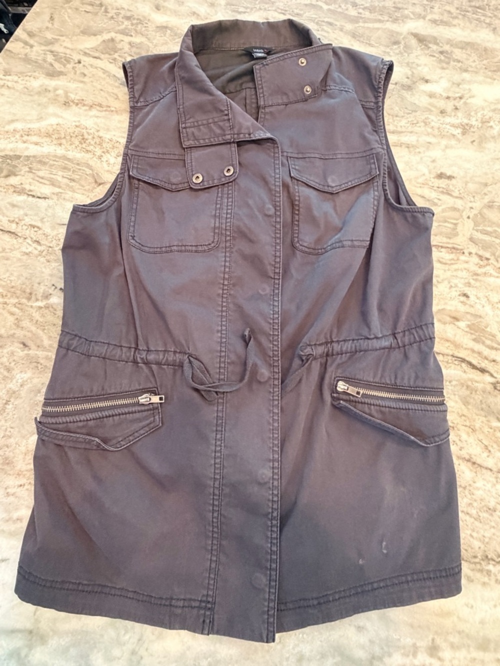 Utility Cargo Vest Womens Medium Black Sleeveless Jacket Drawstring Zip Pockets